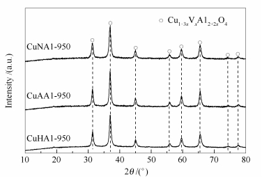 不同铜源制备催化剂cuhal-950,cuaal-950和cunal-950的xrd表征结果见